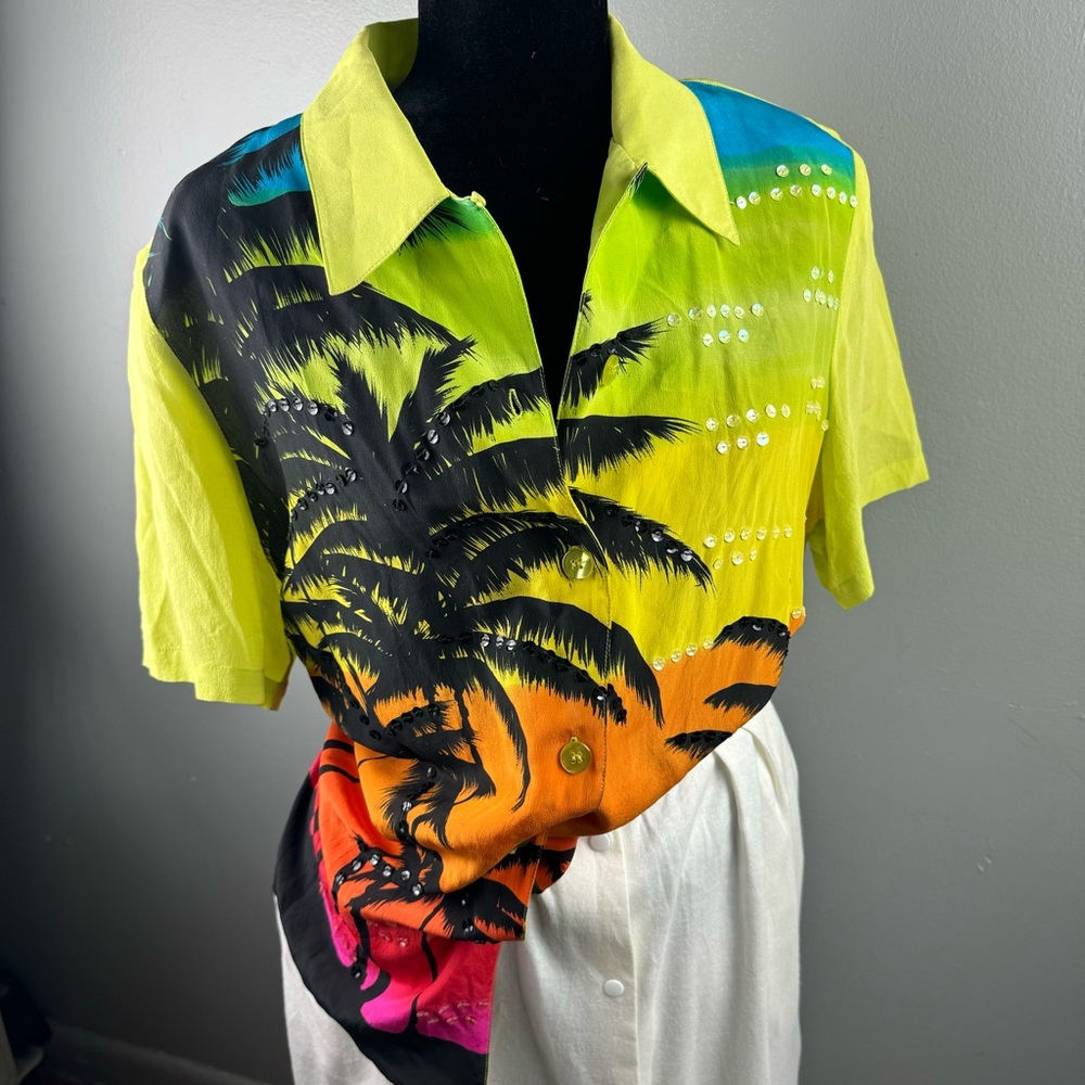 Diane Gilman Silk Vintage Bright Tropical Floral Vacation Print  Blouse